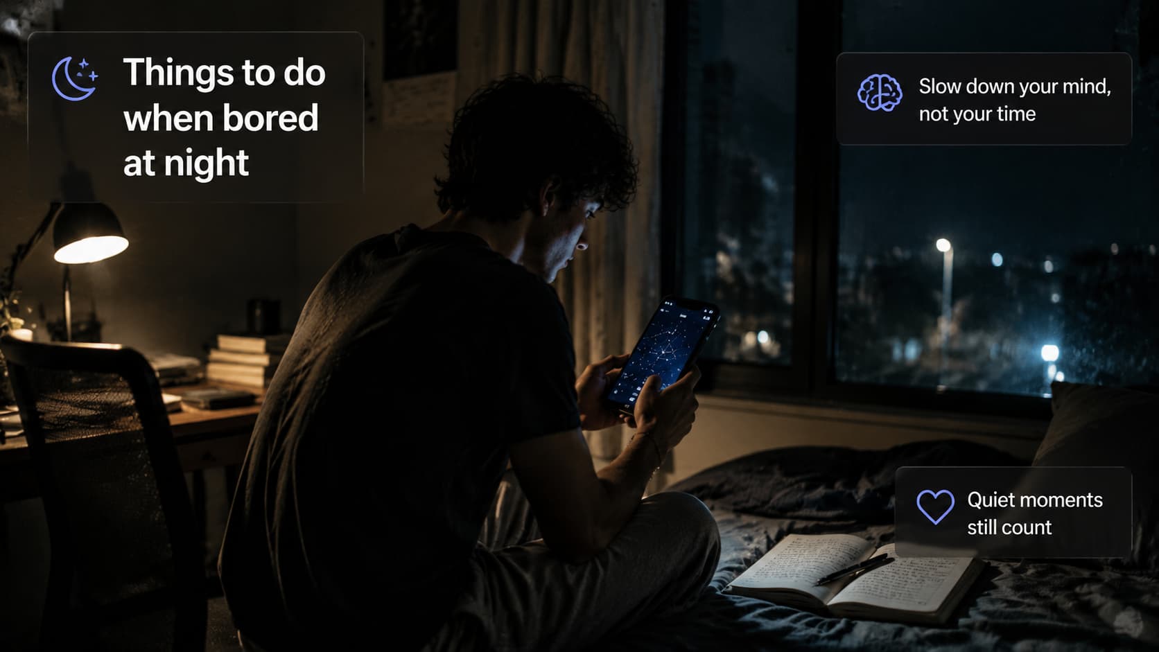 A man sitting in a dark room using a glowing phone at night, with text overlays sharing ideas for when you are bored.