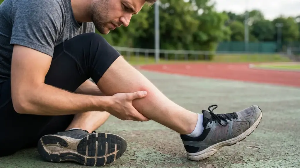 Runner examining shin pain with tibia stress fracture anatomy highlight.