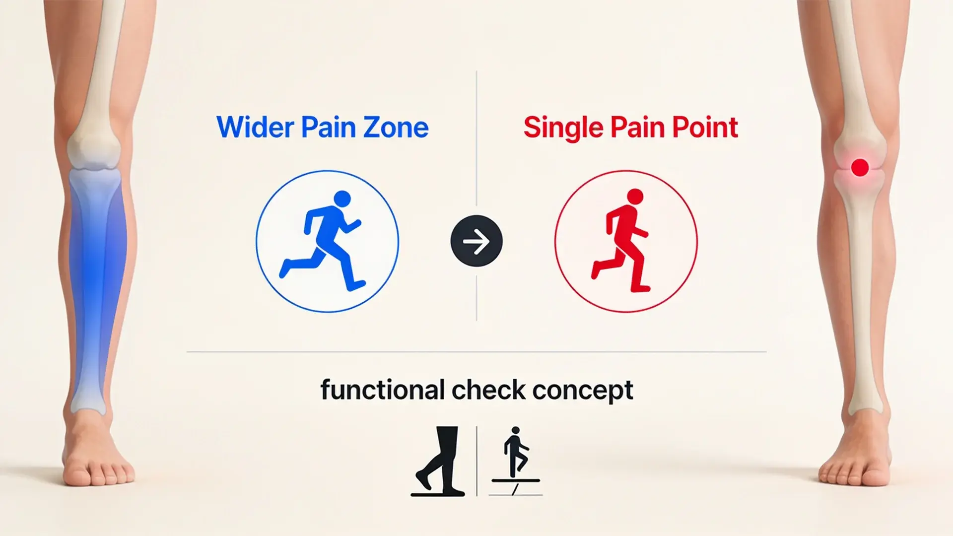 Infographic comparing shin splints and tibia stress fracture using pain location and movement response