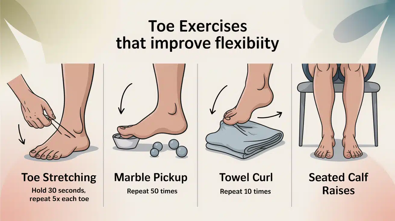 Toe flexibility exercises infographic showing stretching, marble pickup, towel curls, and seated calf raises for foot strength.