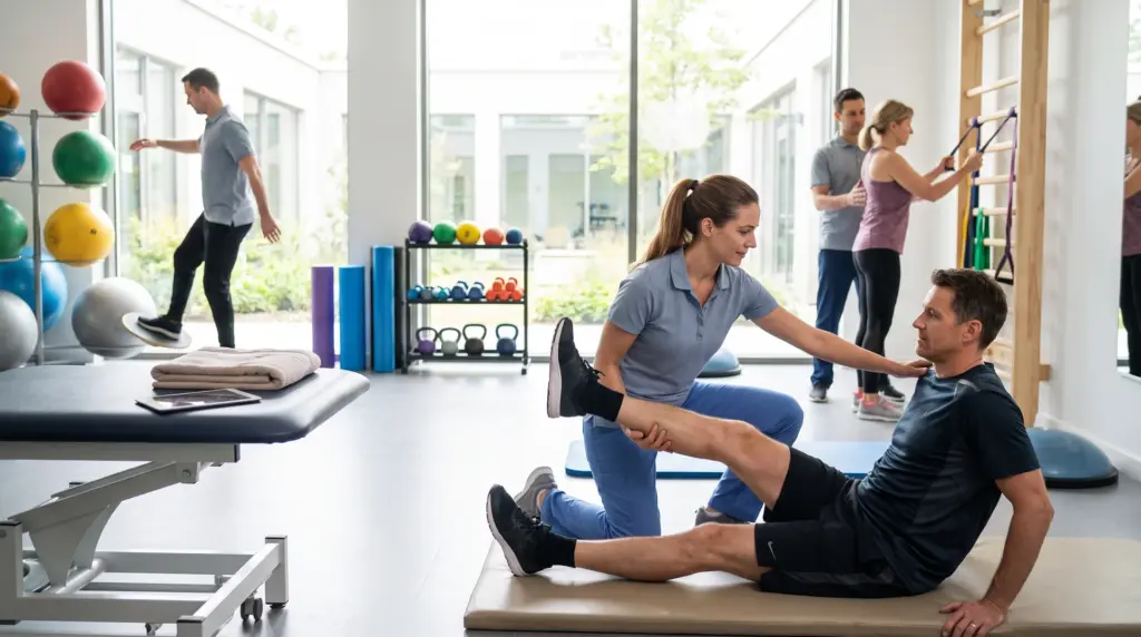 A physical therapist assists a male patient with leg exercises on a mat inside a bright, well-equipped clinic.