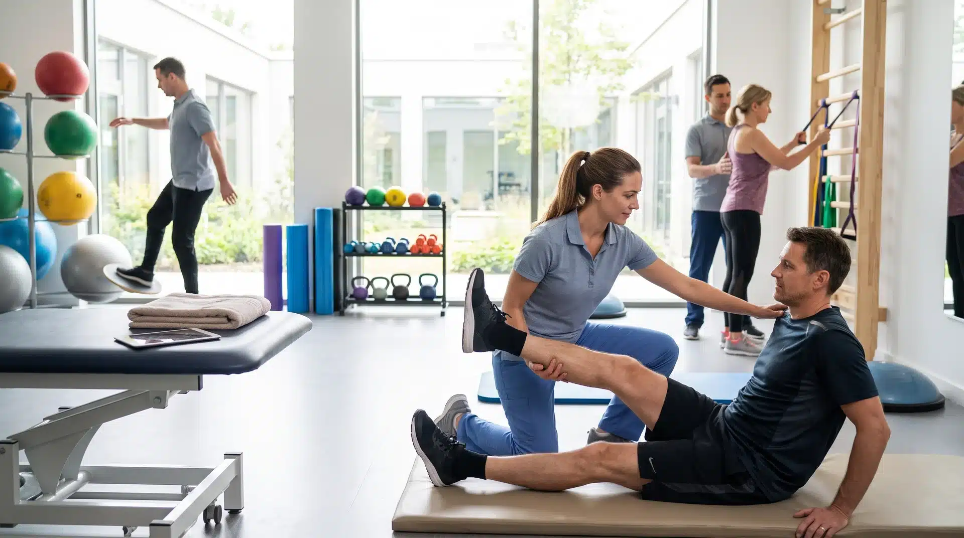 A physical therapist assists a male patient with leg exercises on a mat inside a bright, well-equipped clinic.