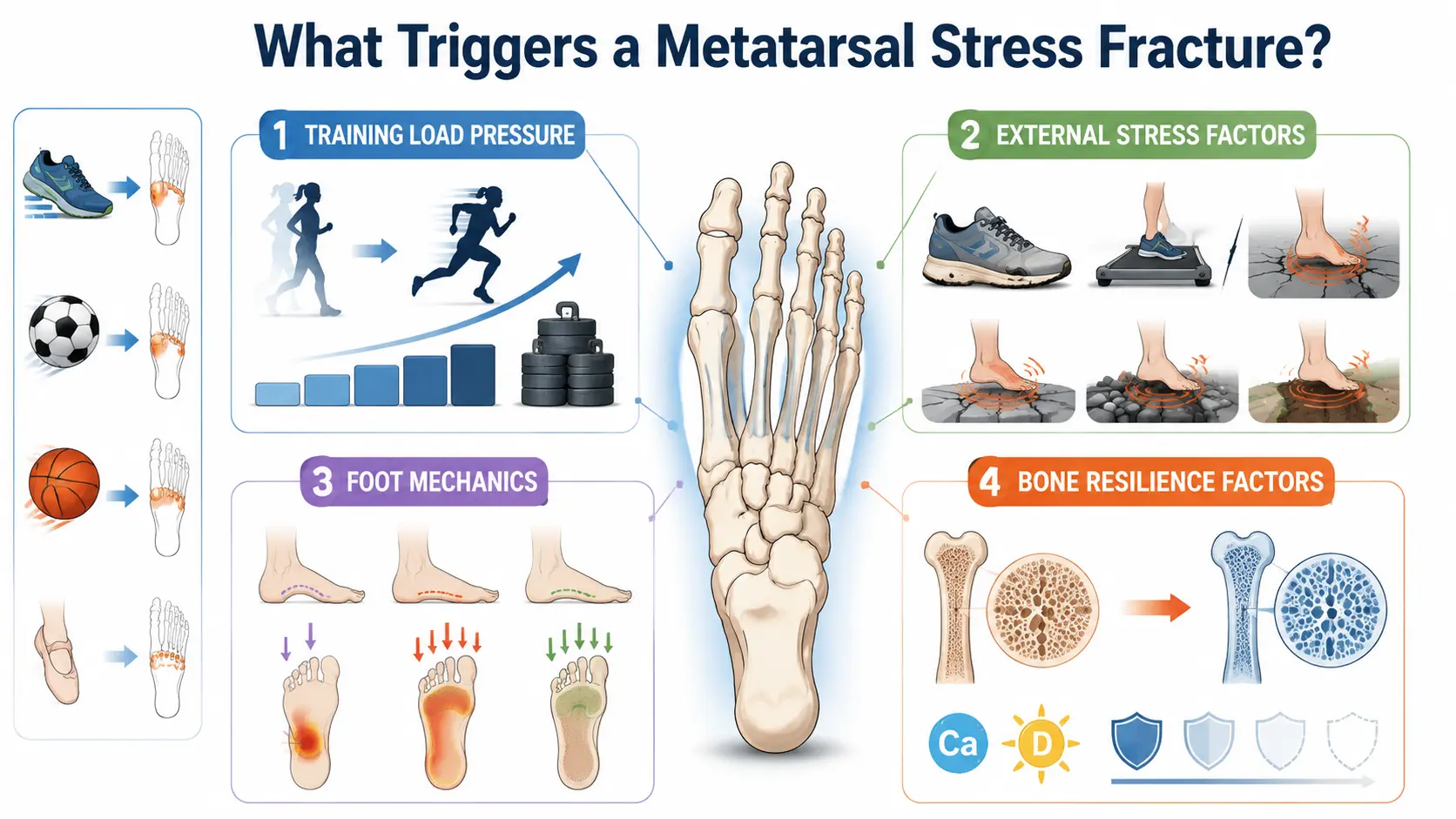 Infographic showing causes of metatarsal stress fracture from load, footwear, foot shape, and bone health