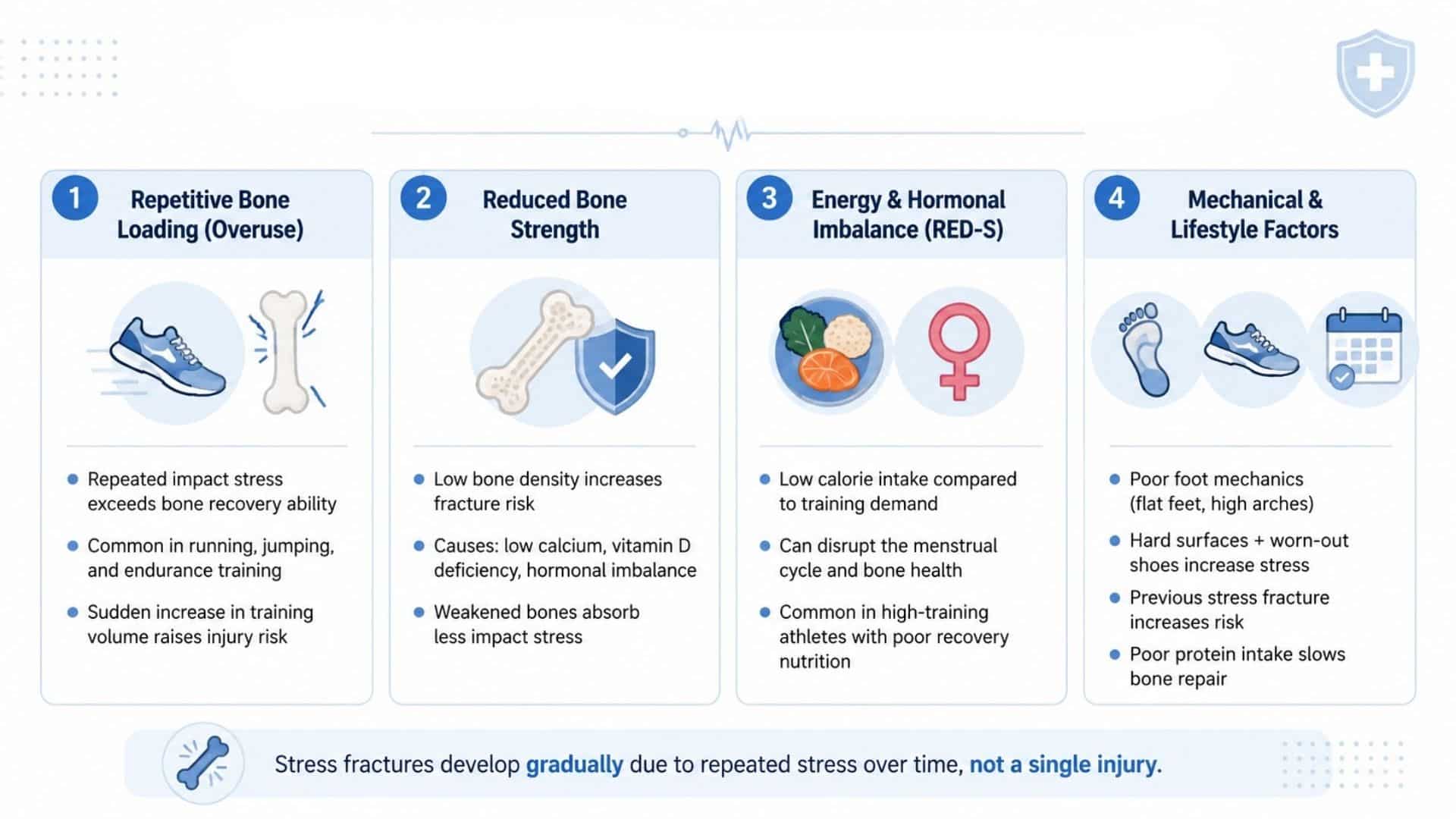 Infographic showing causes of stress fractures including overuse, bone loss, and RED-S factors.