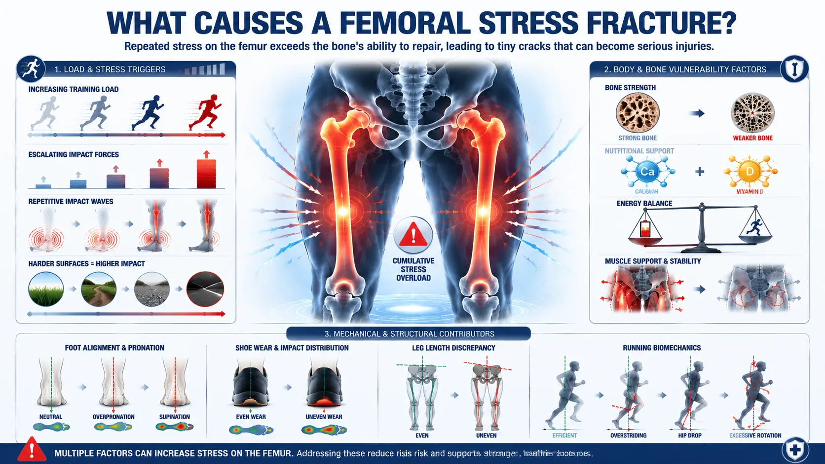 Infographic showing causes of femoral stress fracture through training, bone and biomechanical stress