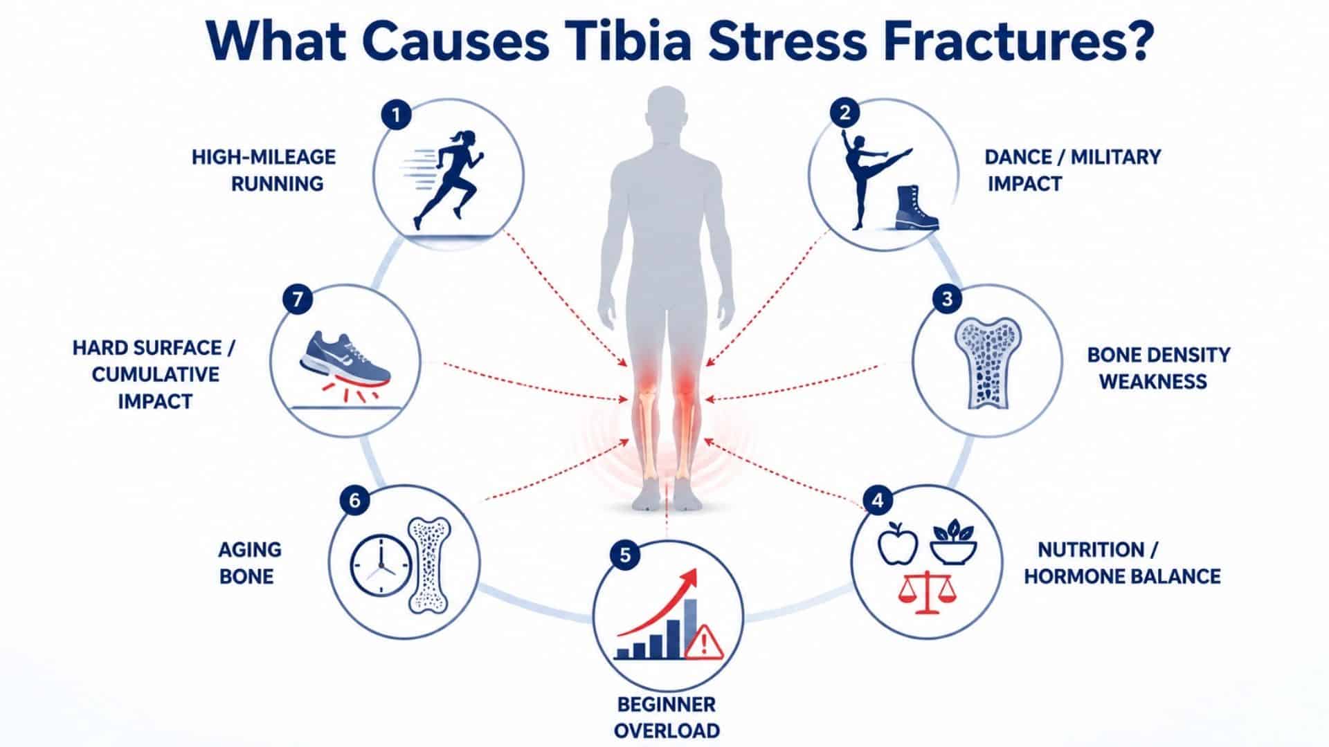 Infographic showing major risk factors that contribute to tibia stress fractures around lower leg anatomy
