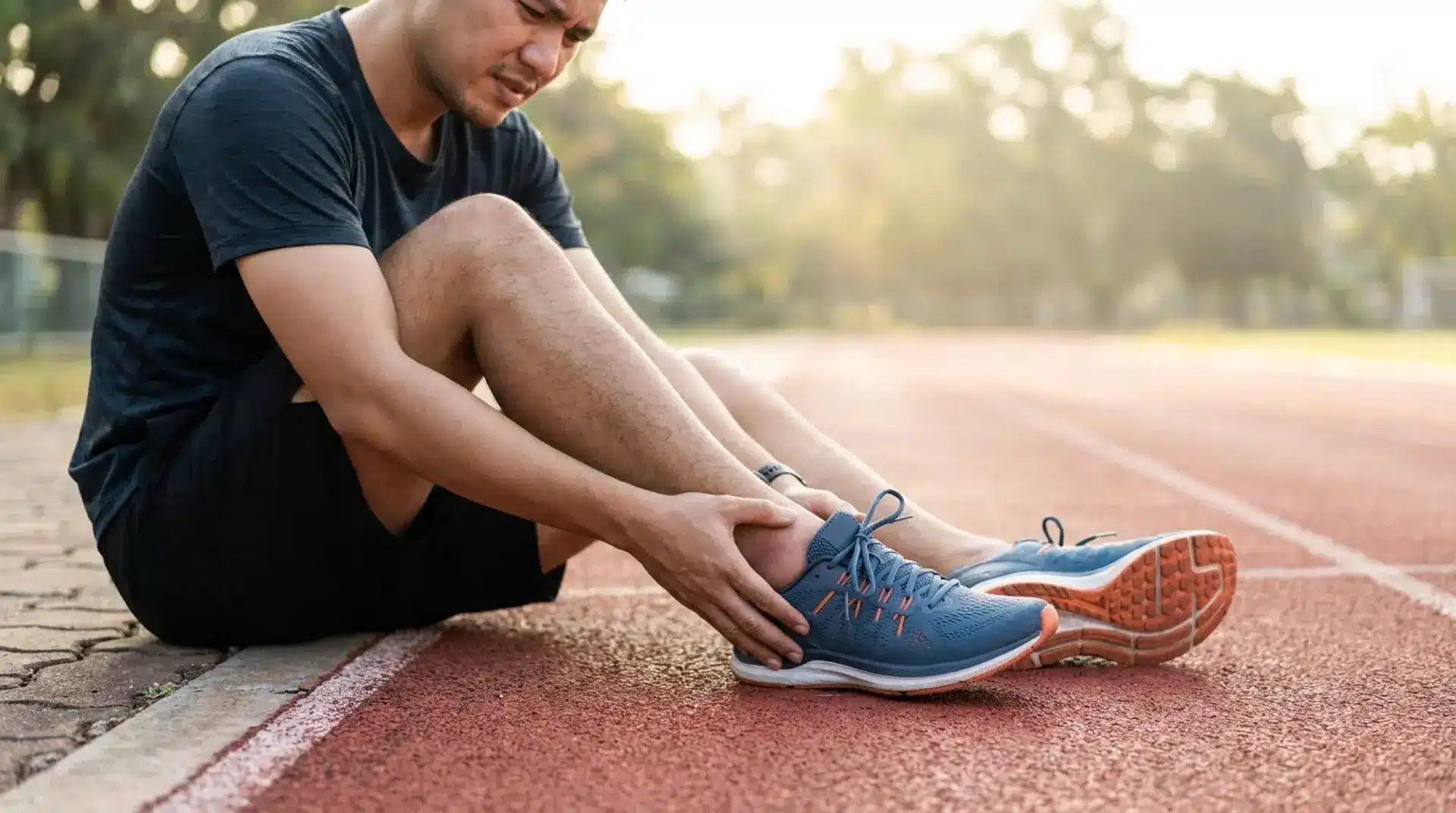 Runner holding a painful foot after training, showing early signs of a stress fracture.
