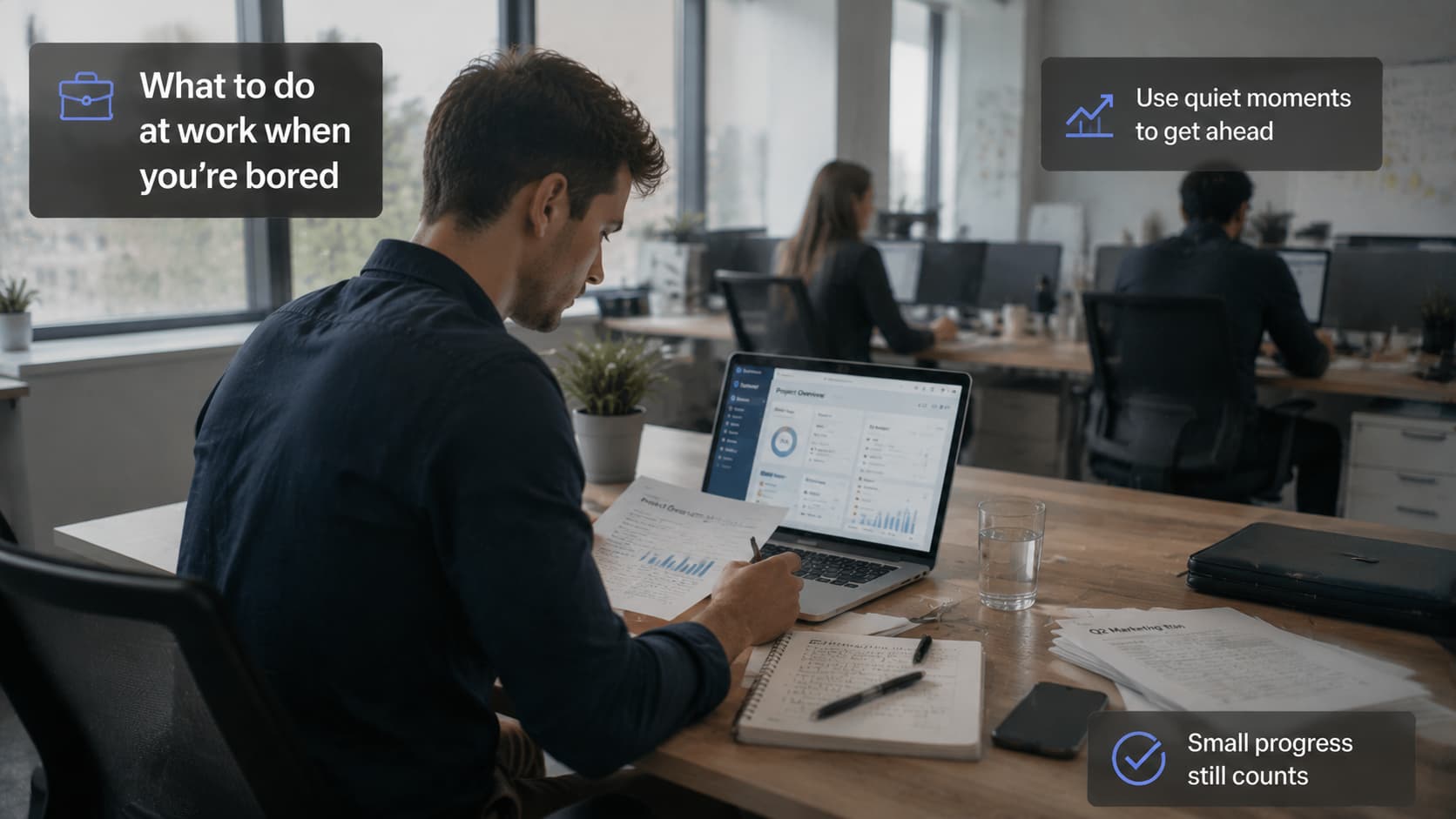 A man sitting at his desk in an office, working on a laptop with documents scattered around. Text overlays offer tips for when you are bored at work.