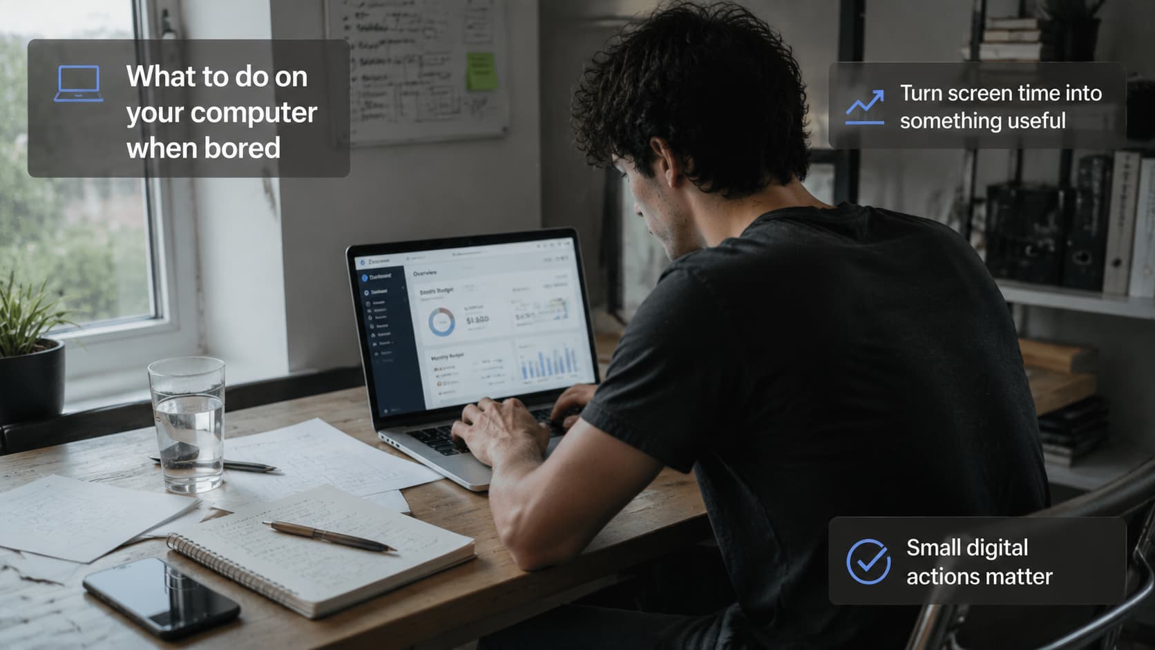 A young man from behind sitting at a desk and working on a laptop, with text overlays sharing ideas for when you are bored on your computer.