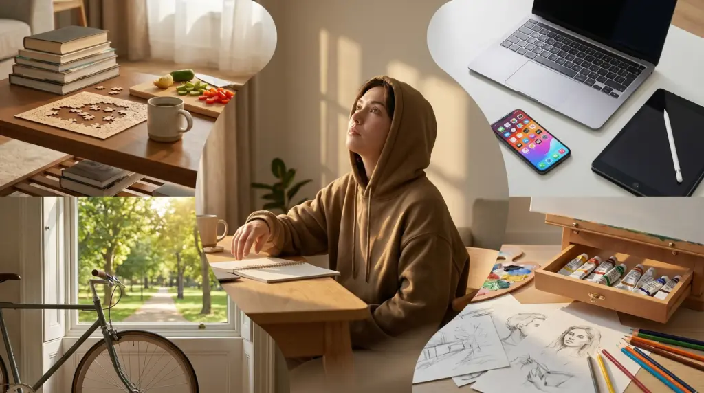 A person in a brown hoodie sitting at a desk, looking upward thoughtfully, surrounded by a laptop, tablet, art supplies, and a bicycle.