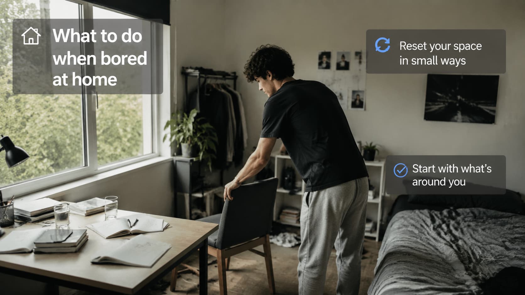 A young man in a black T-shirt and grey sweatpants rearranging bedroom furniture. Text overlays offer tips for when you are bored at home.