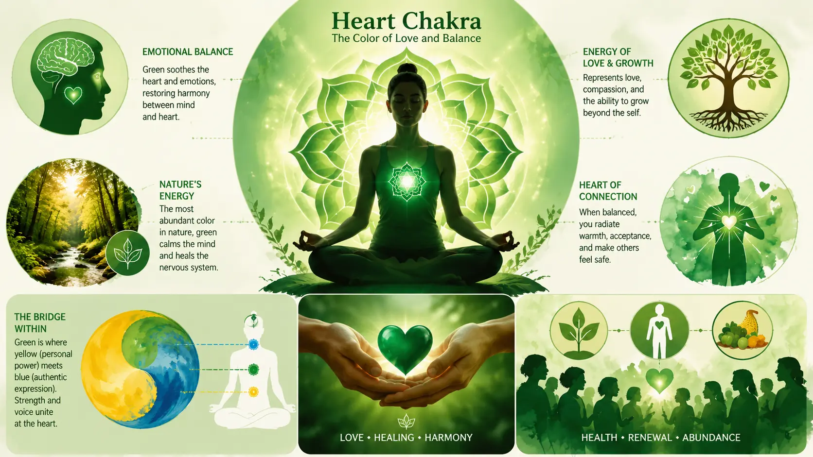 Heart chakra infographic showing green energy, emotional balance, love, healing, and nature symbolism.