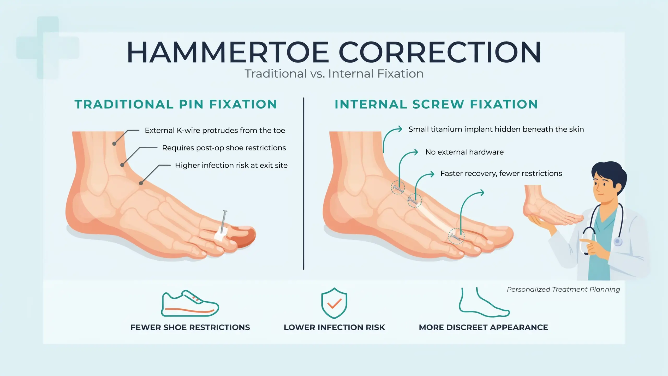 Infographic compares external toe pins with internal fixation for hammertoe surgery, showing discreet hardware and fewer shoe limits.