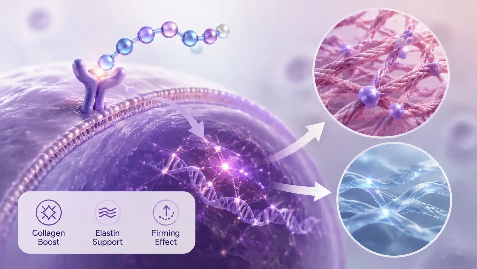 3D medical illustration showing signal peptides activating skin cells to support collagen and elastin production.