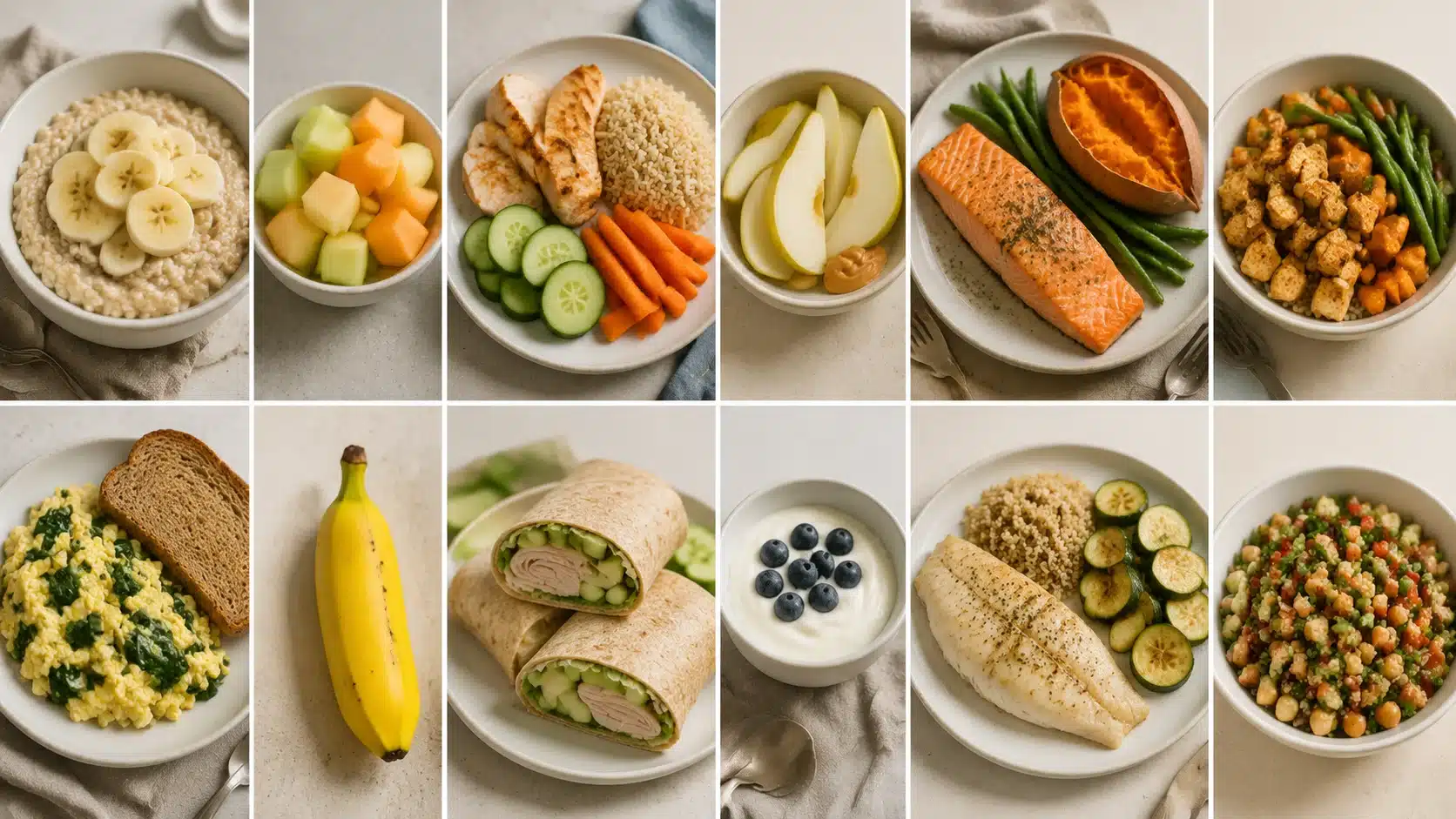 GERD diet plan meal collage featuring oatmeal, fruits, lean proteins, vegetables, wraps, yogurt, fish, and grain-based meals.
