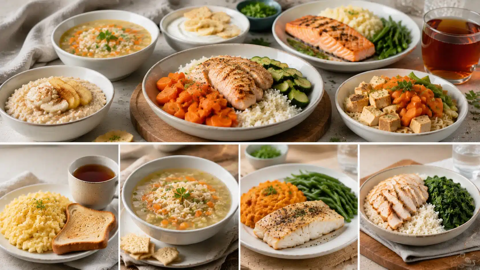 Healthy H. pylori diet menu featuring gentle meals with rice, chicken, fish, vegetables, eggs, oatmeal, and yogurt.