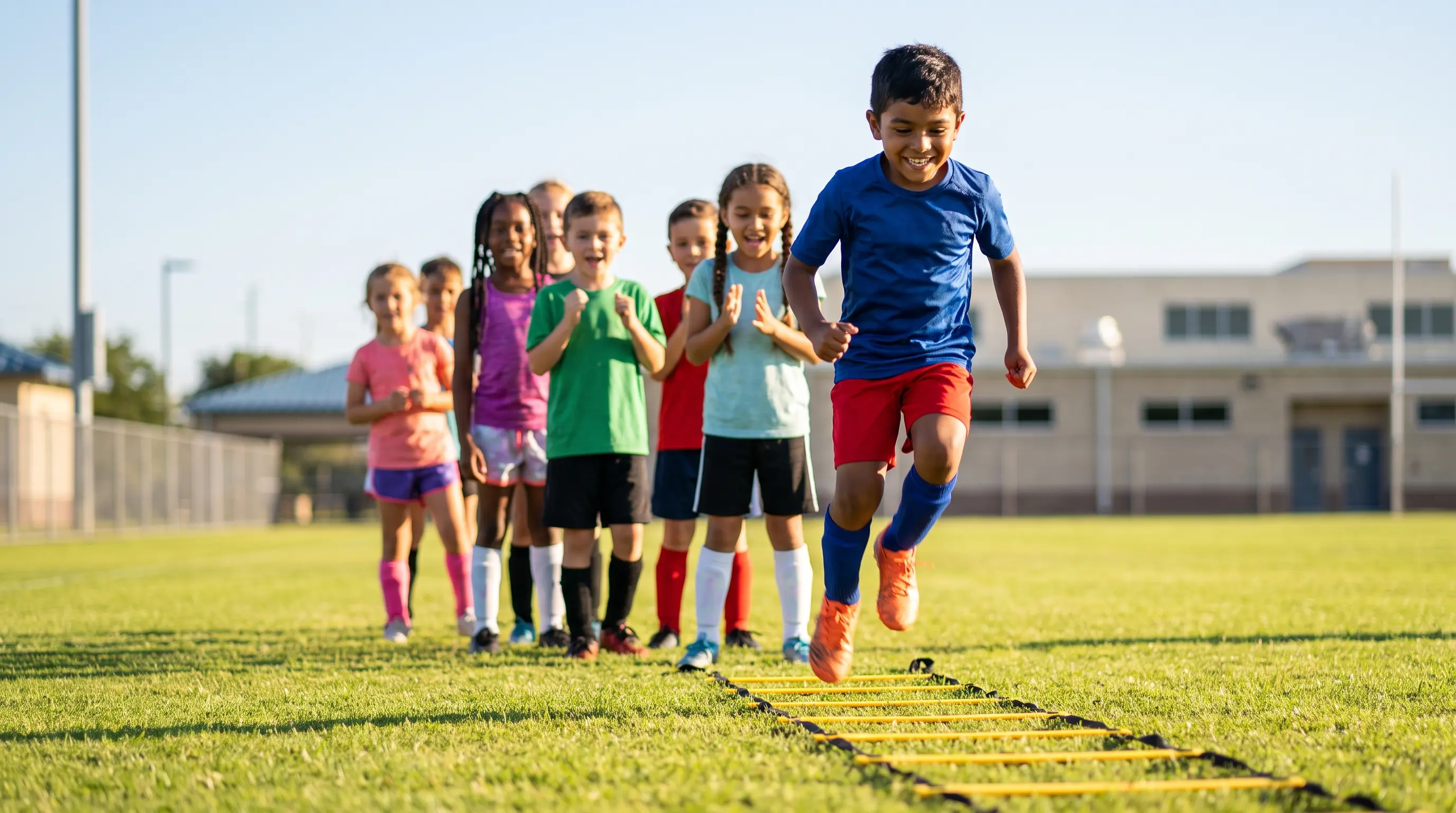 A focused young girl doing agility ladder exercises on a polished wooden gymnasium floor.