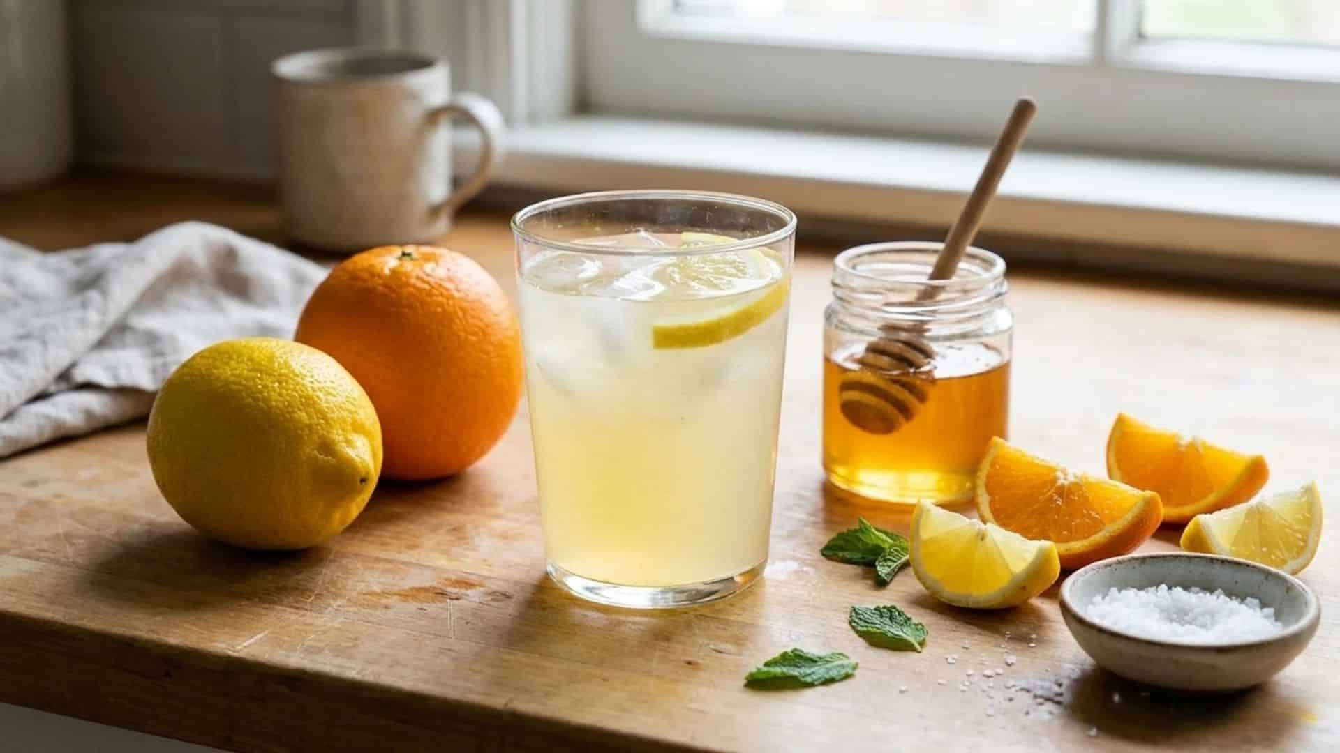 A glass of citrus drink with lemon slices, surrounded by oranges, lemons, honey, mint, and sea salt on a wooden table.