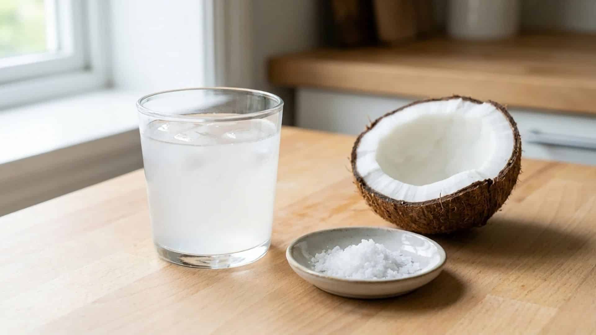 A glass of coconut water beside half a coconut and a small dish of sea salt on a light wooden table.
