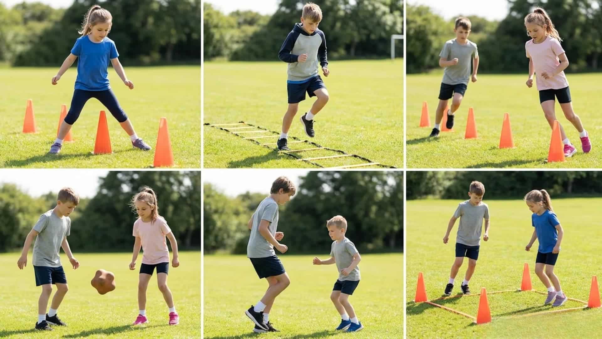 A six-panel collage showing young children performing various outdoor agility training exercises with cones on a grassy field.