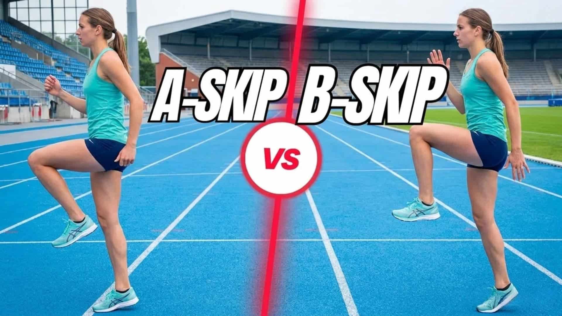 Female runner on a blue track demonstrating A-skip and B-skip running drills side by side with text "A-SKIP vs B-SKIP"