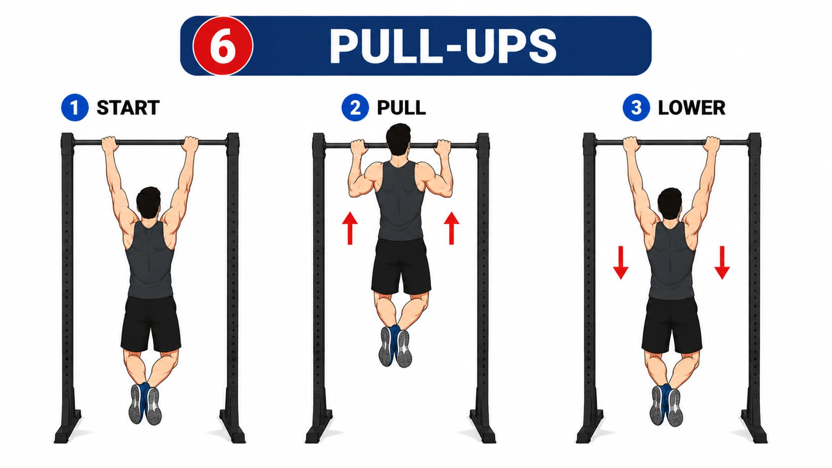 A three-step diagram illustrating the start position, pull phase, and lowering phase for a pull-up.