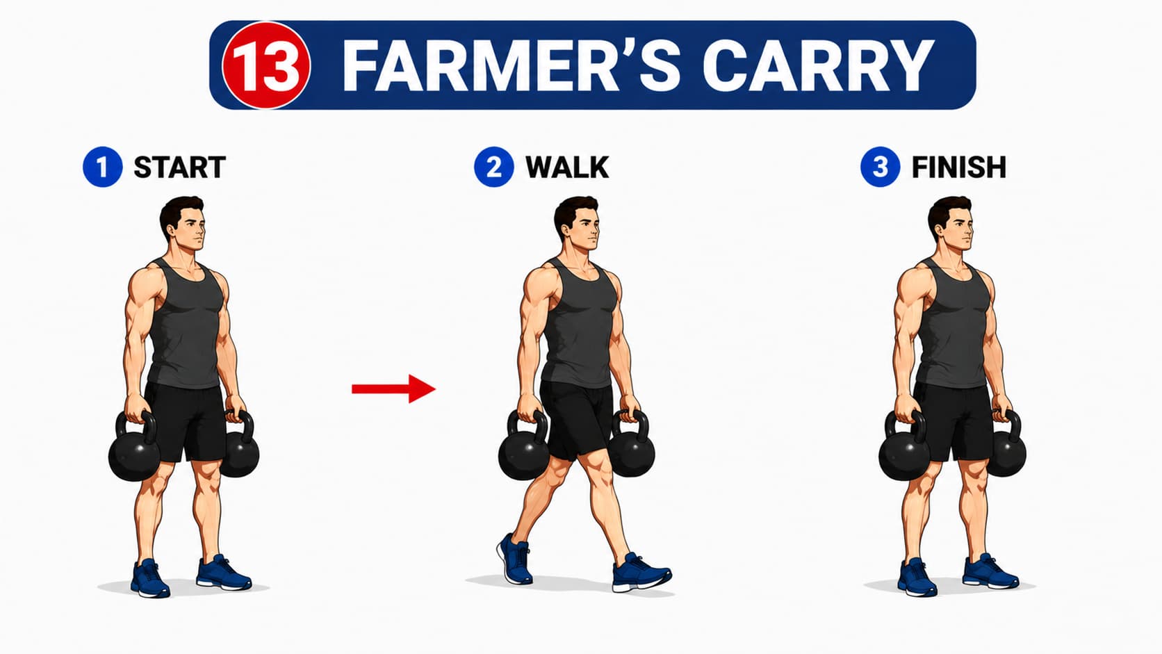 A three-step diagram showing the start position, walking phase, and finish position for a weighted farmer's carry.