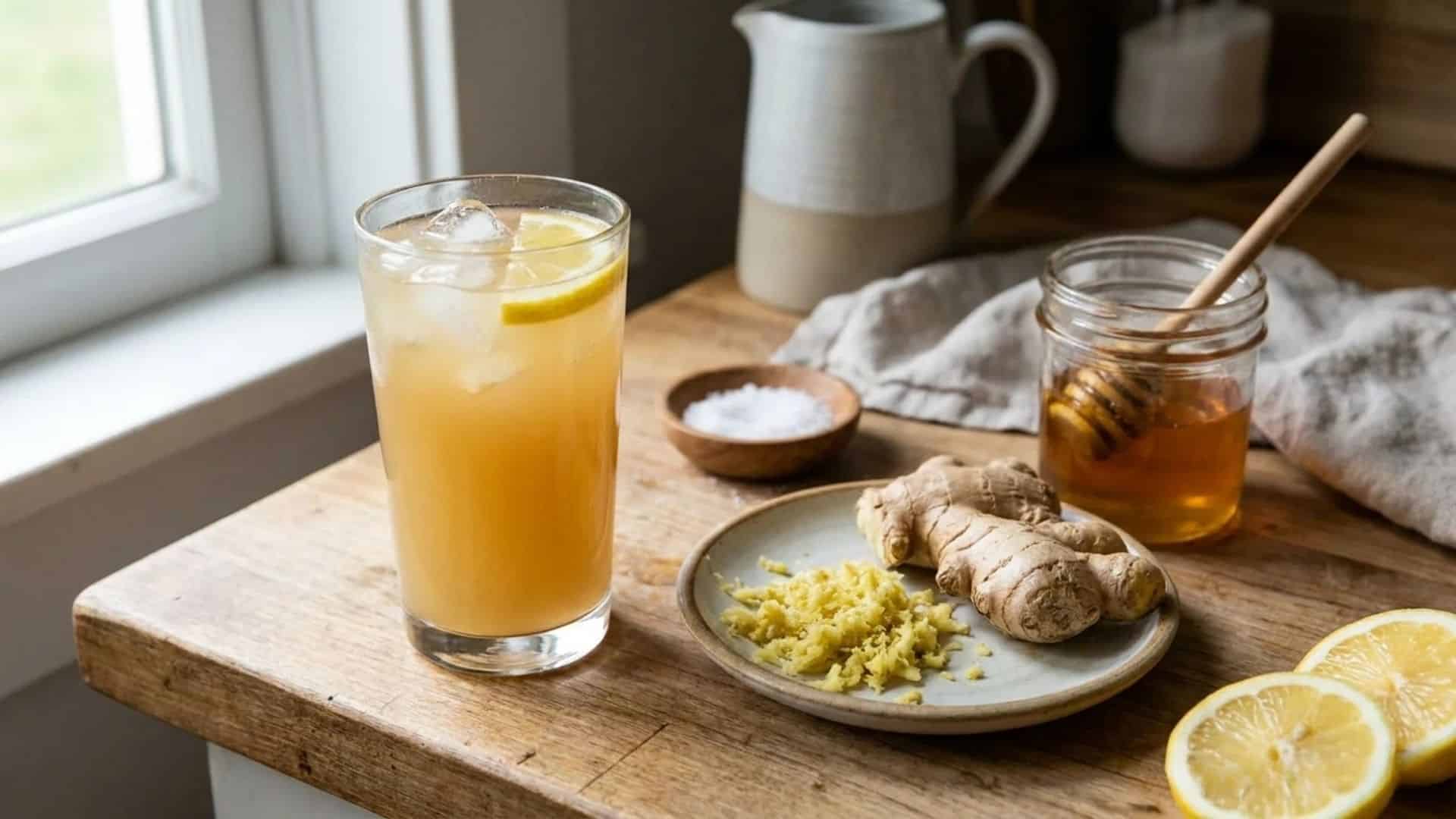 **Alt Text:** A glass of ginger electrolyte drink with lemon slices, ginger root, honey, and salt on a wooden table.