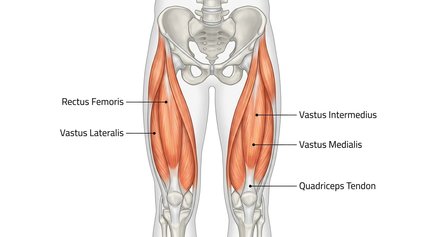Anatomical illustration showing the four quadriceps muscles on the front of the thigh.