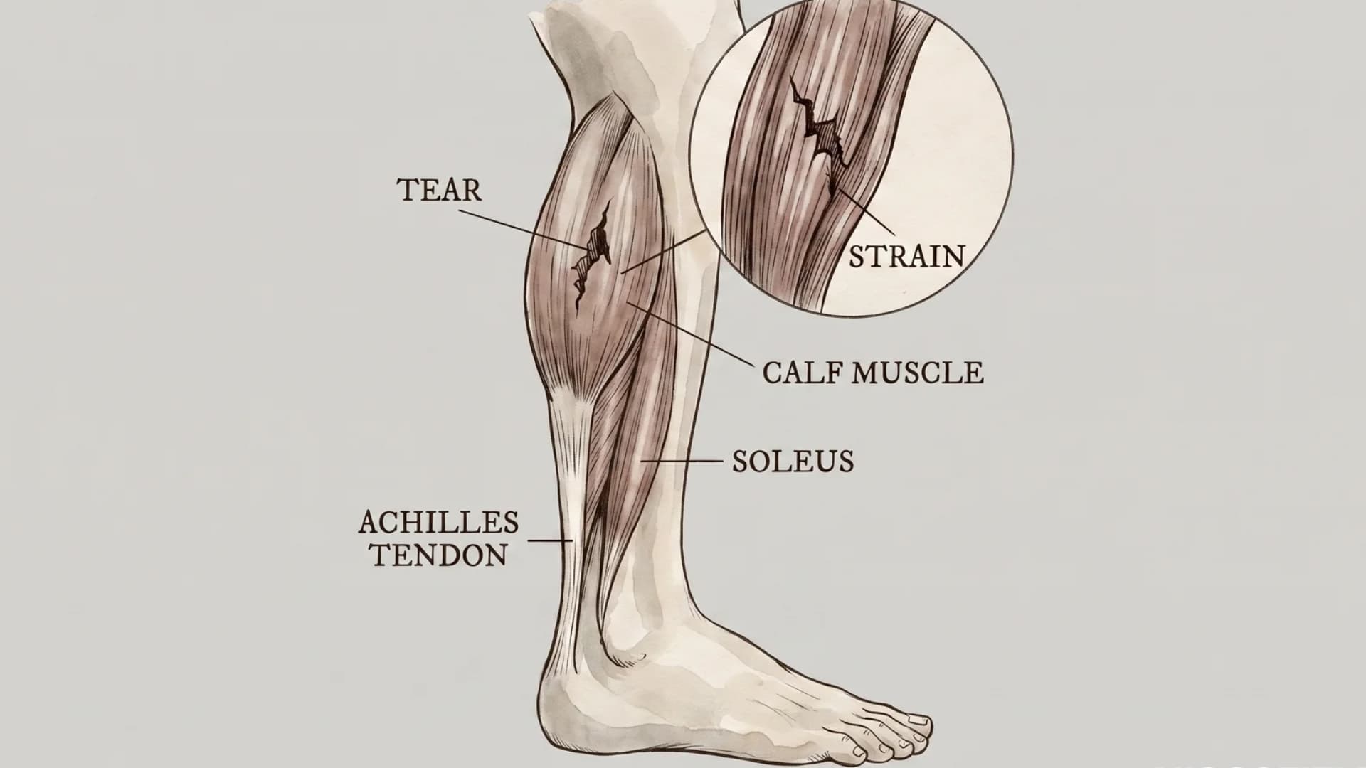 Anatomy diagram of a calf muscle strain, showing a tear in the muscle and labeling the calf muscle, soleus, and Achilles tendon.