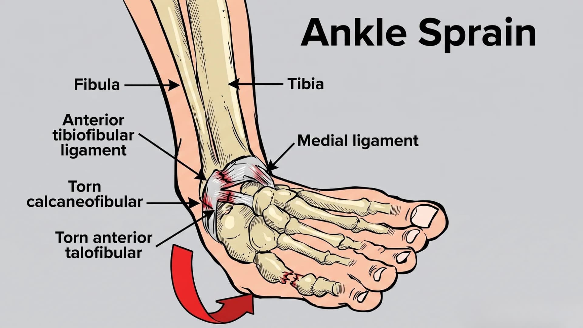 Anatomy diagram of an ankle sprain highlighting torn ligaments (calcaneofibular and anterior talofibular).
