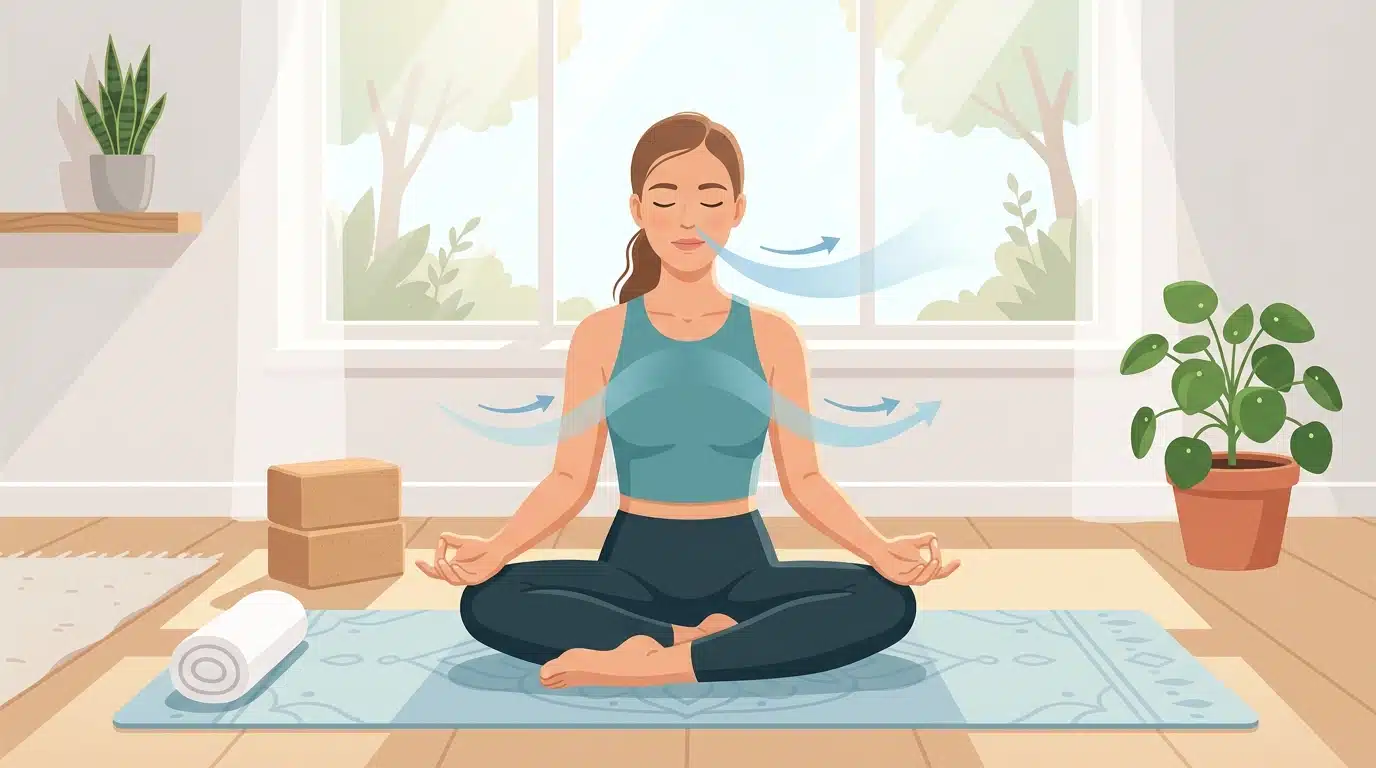 Animated illustration of a person practicing yoga and breathwork indoors.