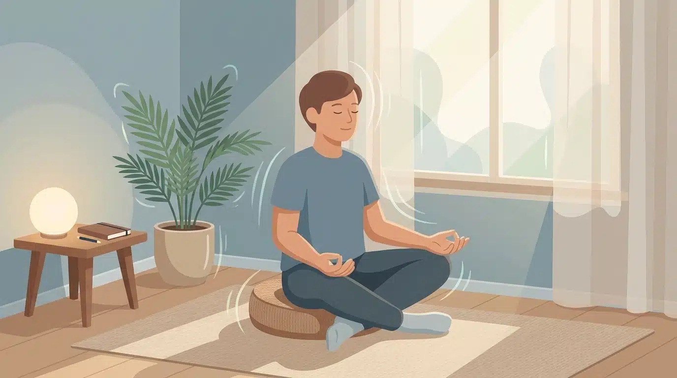 Animated illustration of a person practicing mindfulness meditation in a calm space.