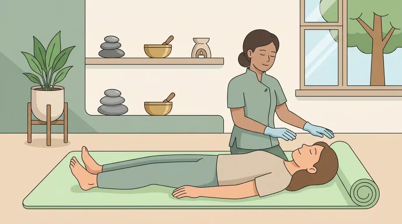 Animated illustration of a Reiki energy healing session in a wellness room.