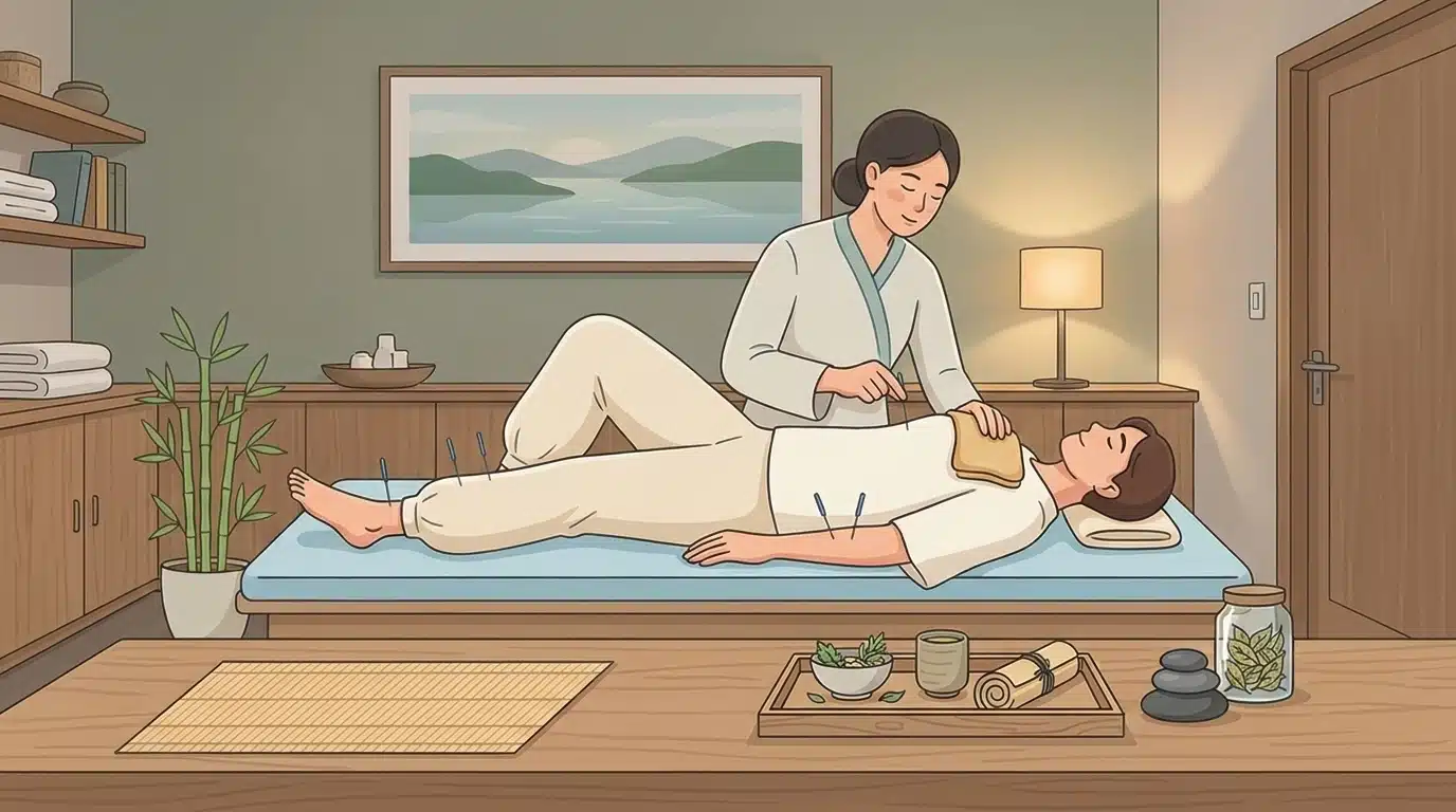 Animated illustration of acupuncture treatment representing traditional healing practices.