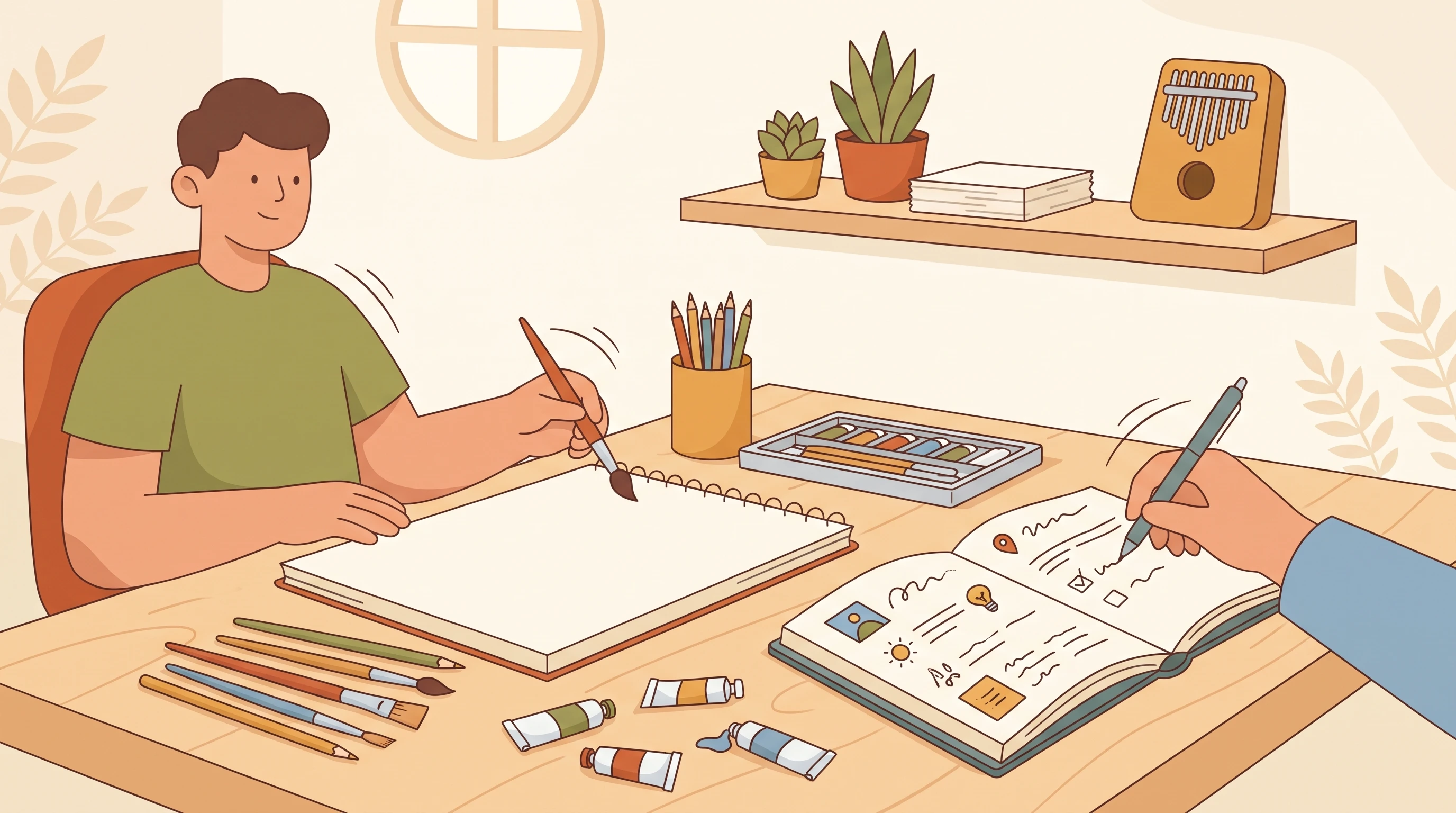Animated illustration of creative activities like painting and journaling for therapy.