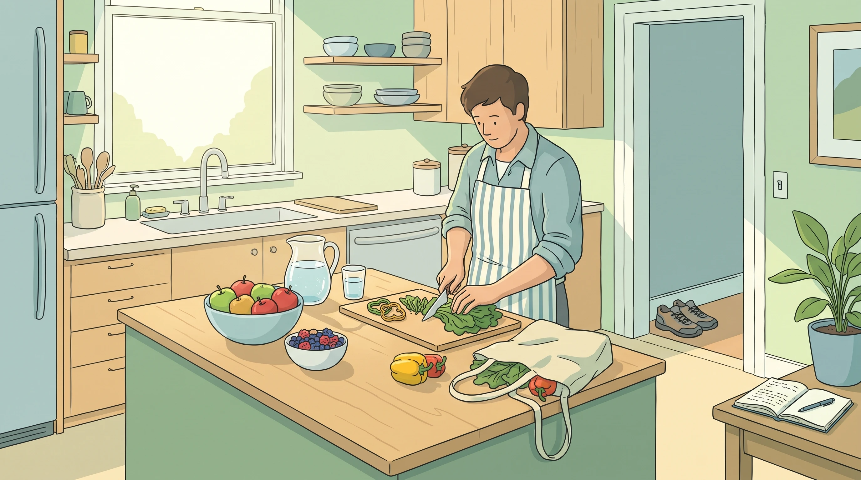 Animated illustration of healthy lifestyle habits including nutrition and self-care.