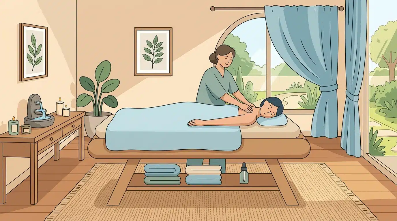 Animated illustration of massage therapy with therapist and client in a calm setting.