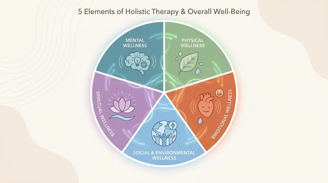 Animated illustration showcasing different elements of holistic therapy.