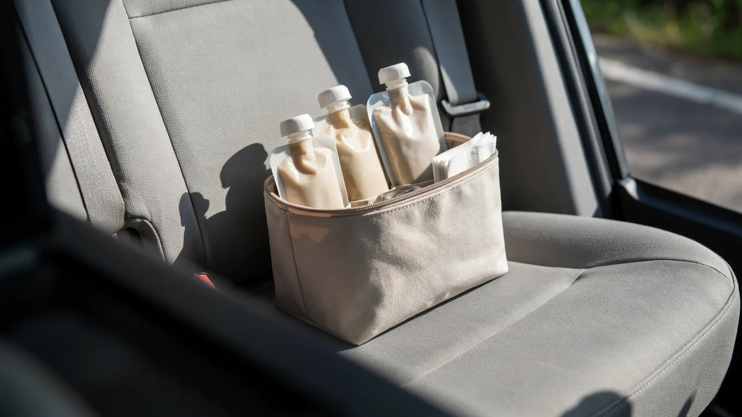 Applesauce pouches and napkins packed as an easy road trip snack.