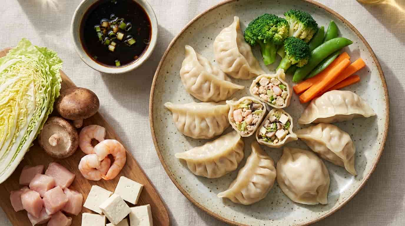 Plate of steamed dumplings surrounded by fresh ingredients like cabbage, mushrooms, shrimp, tofu, and broccoli.