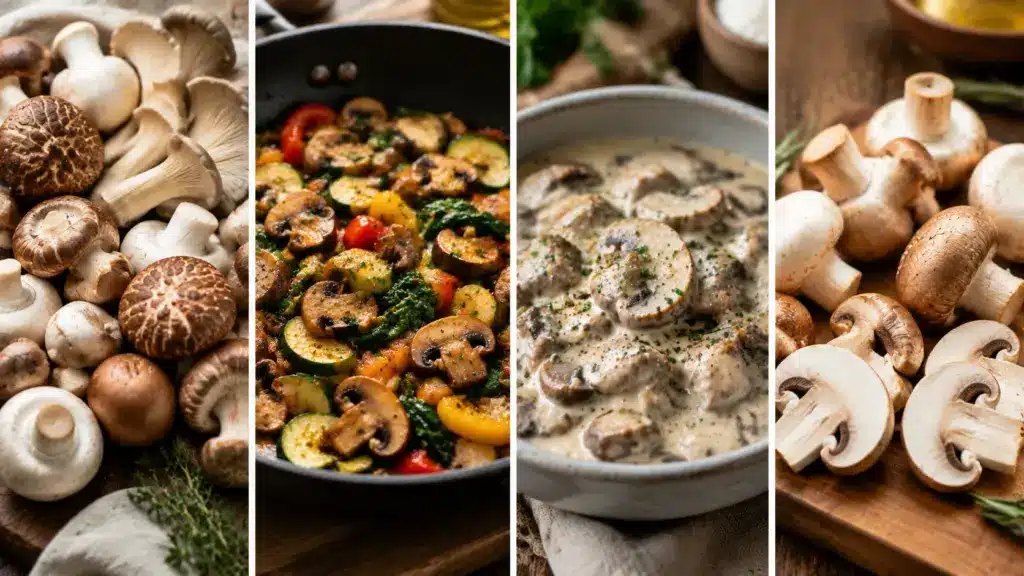 Four-panel image showing fresh and cooked mushrooms in low-carb keto-friendly meal preparations.