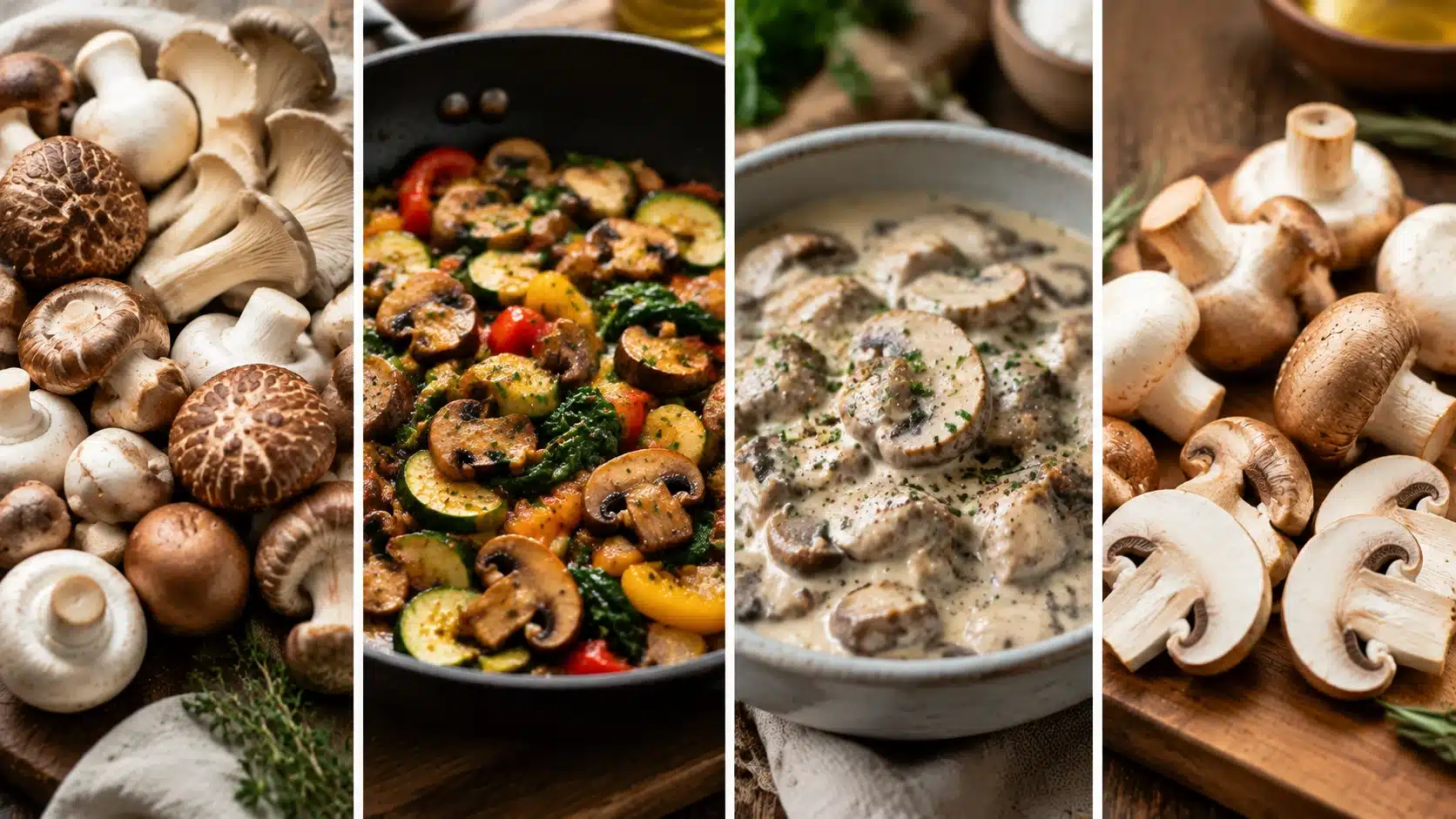 Four-panel image showing fresh and cooked mushrooms in low-carb keto-friendly meal preparations.