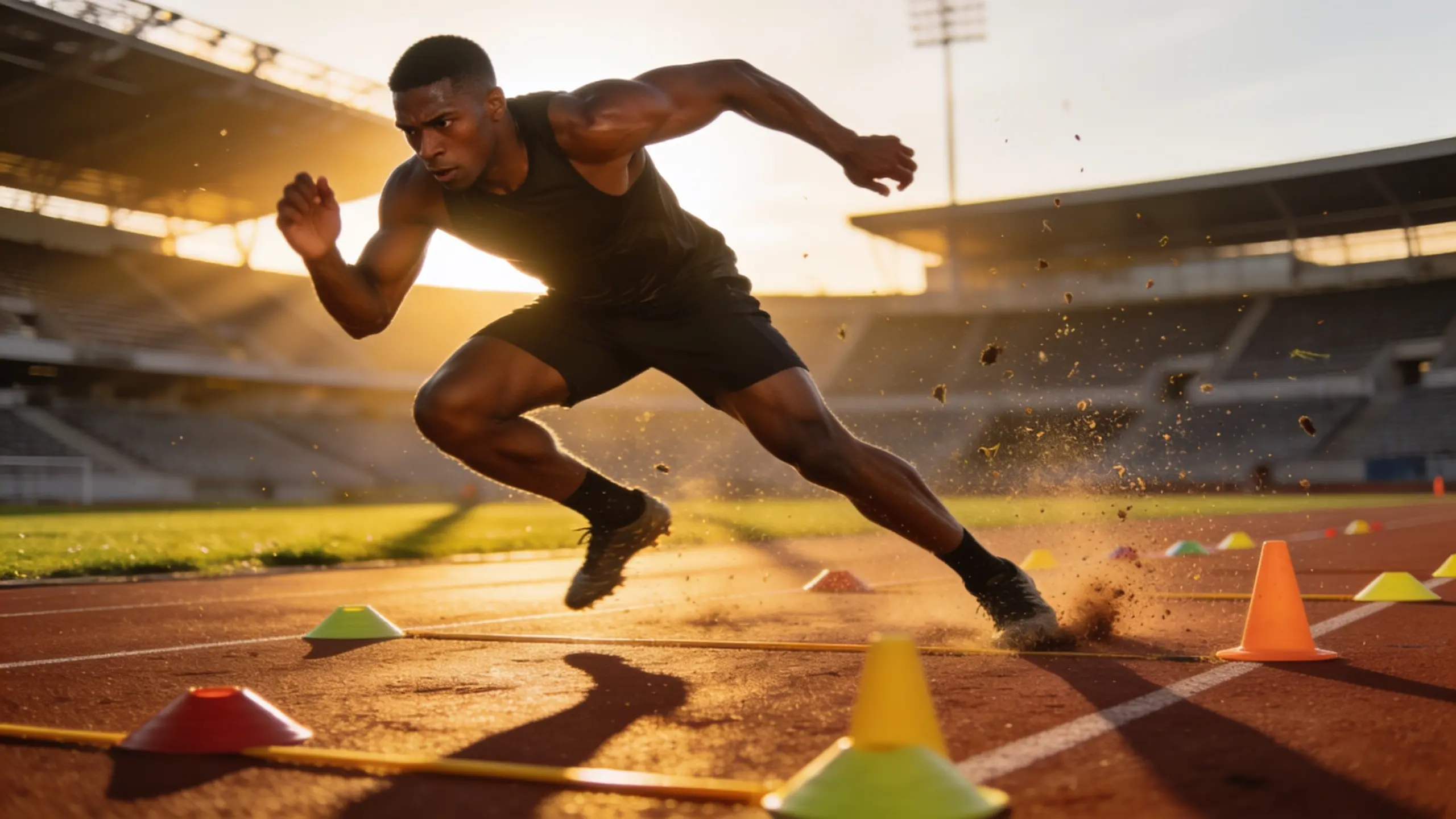 Athlete instantly changing direction in response to stimulus during agility drill, emphasizing reaction time and reflex speed.