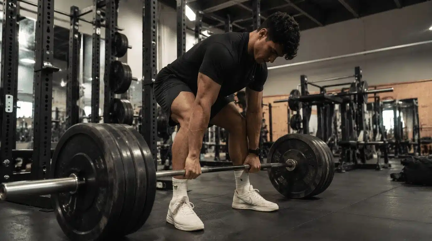 Athlete performing a front squat during PHUL lower hypertrophy training session inside a modern gym