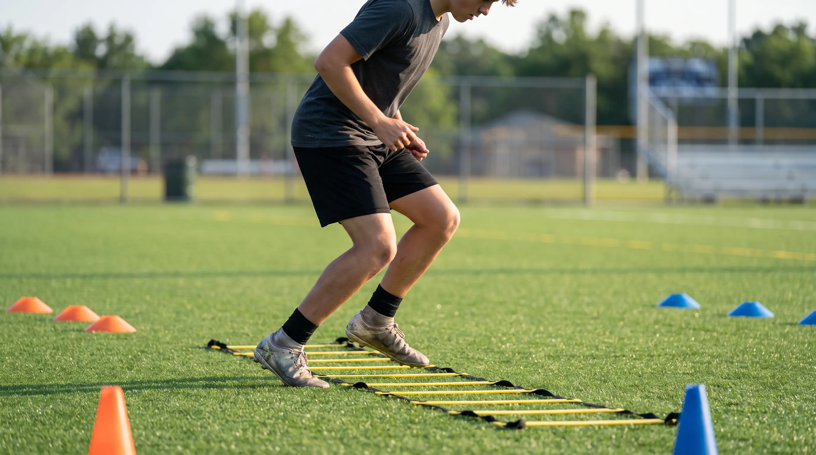 Athlete performing agility ladder drill on turf field with cones, focused on quick footwork and balance.