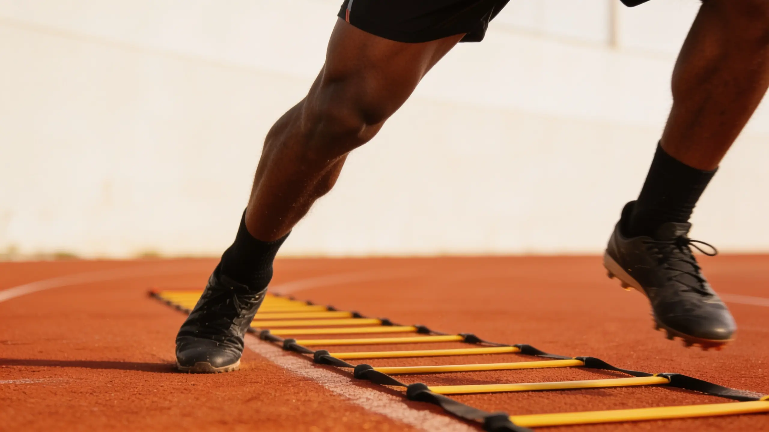 Athlete performing fast footwork through agility ladder on track, focusing on coordination, balance, and quick steps.