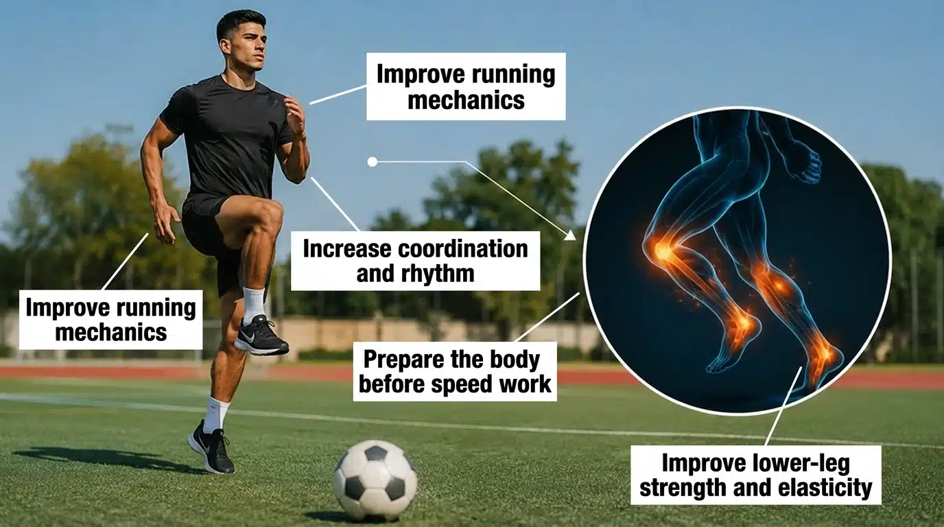 Athlete performs A/B skip drill on a field with a football and callout highlighting lower-leg muscles, posture and movement benefits.
