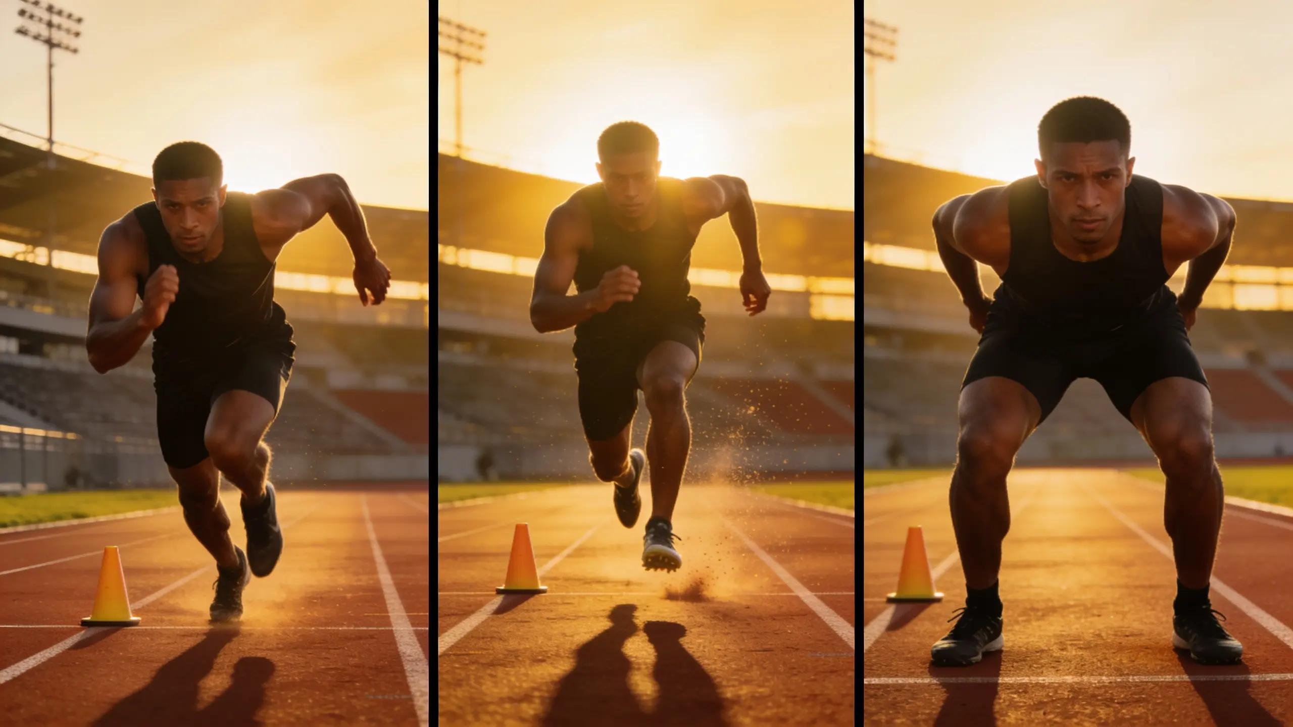Athlete slowing down from sprint into controlled stop, showing braking mechanics, balance, and body control.