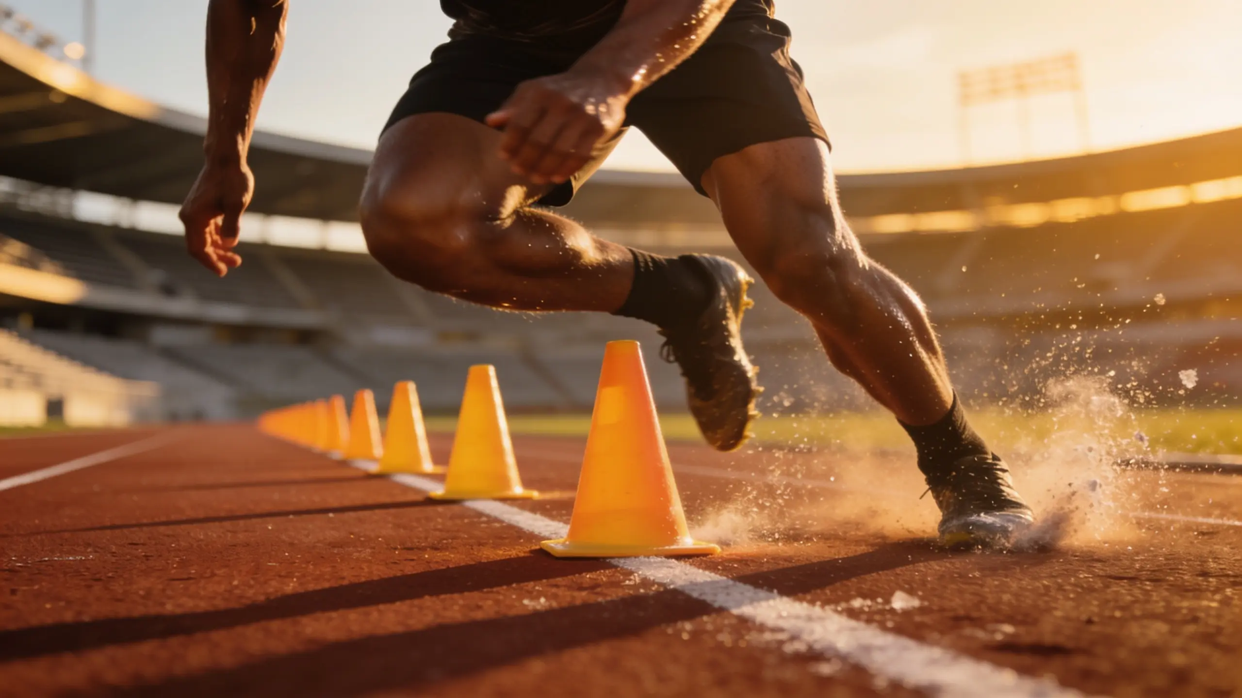 Athlete weaving through cone setup with sharp directional changes, showing controlled agility and speed on track.